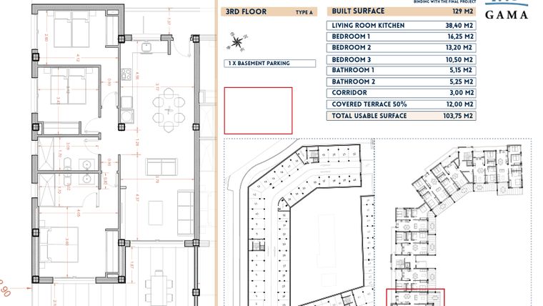 Rzut - Mieszkanie na sprzedaż 2 pokoje o powierzchni 129 m² - numer 25 w Velapi II - Murcia