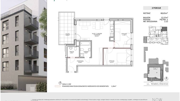 Rzut - Mieszkanie na sprzedaż 3 pokoje o powierzchni 68,65 m² - numer 2.22 w Poniatowski Park I