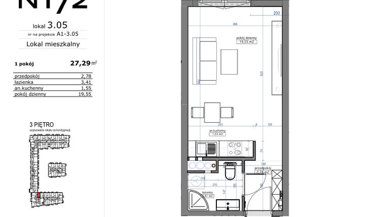 Rzut - Mieszkanie na sprzedaż 1 pokój o powierzchni 27,29 m² - numer 03.05 w Naramowicka 172