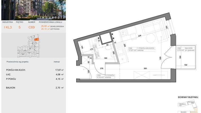 Rzut - Mieszkanie na sprzedaż 1 pokój o powierzchni 26,1 m² - numer I-C69 w Industria etap I-D oraz I-C
