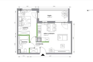 Rzut - Mieszkanie na sprzedaż 2 pokoje o powierzchni 44,63 m² - numer 1/A/2/3 w Sochaczewska Vita