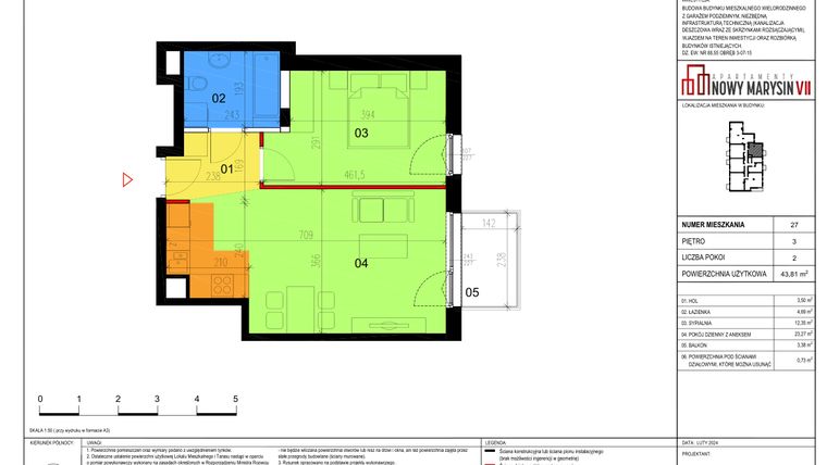 Rzut - Mieszkanie na sprzedaż 2 pokoje o powierzchni 43,81 m² - numer 27 w Apartamenty Nowy Marysin VII