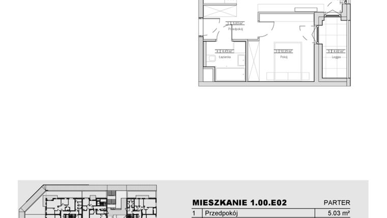 Rzut - Mieszkanie na sprzedaż 2 pokoje o powierzchni 46,63 m² - numer 1.00.E02 w Ogrody Andersa III