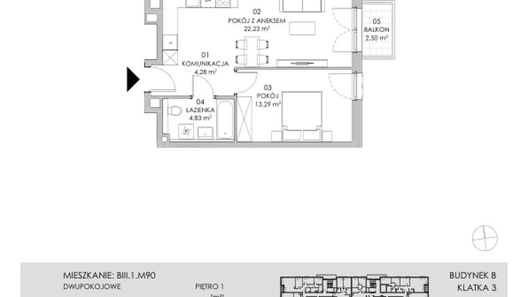Rzut - Mieszkanie na sprzedaż 2 pokoje o powierzchni 44,63 m² - numer BIII.1.M90 w Przewóz 42 ATAL II