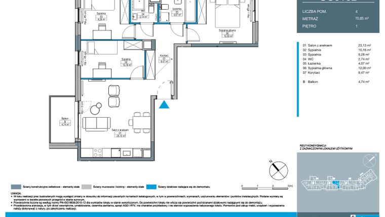 Rzut - Mieszkanie na sprzedaż 4 pokoje o powierzchni 70,85 m² - numer CC0102 w Talarowa Park
