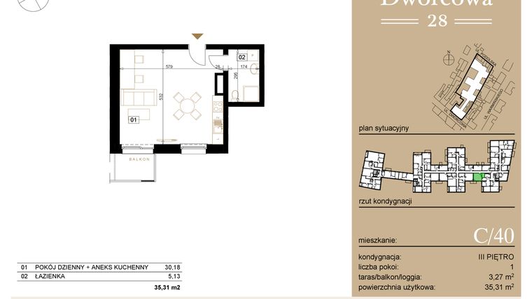Rzut - Mieszkanie na sprzedaż 1 pokój o powierzchni 35,61 m² - numer C40 w Dworcowa 28