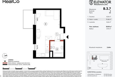 Rzut - Mieszkanie na sprzedaż 1 pokój o powierzchni 28,4 m² - numer B.3.7 w Elewator - Mieszkania i Lofty