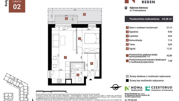 Rzut - Mieszkanie na sprzedaż 2 pokoje o powierzchni 44,38 m² - numer B2 w Nowy Reden