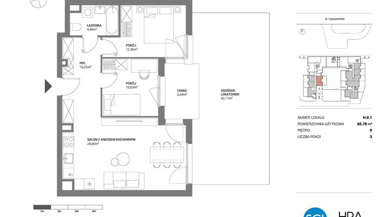 Rzut - Mieszkanie na sprzedaż 3 pokoje o powierzchni 65,79 m² - numer H.0.1 w Łopuszańska 47 - etap 3