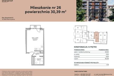 Rzut - Mieszkanie na sprzedaż 1 pokój o powierzchni 30,39 m² - numer M26 w Plac Słowiański 9