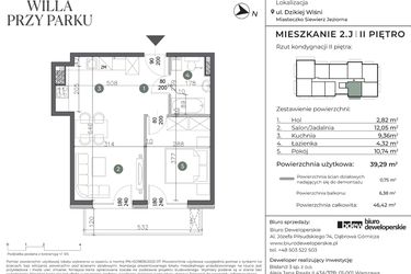 Rzut - Mieszkanie na sprzedaż 2 pokoje o powierzchni 39,29 m² - numer 2.J w Willa przy parku