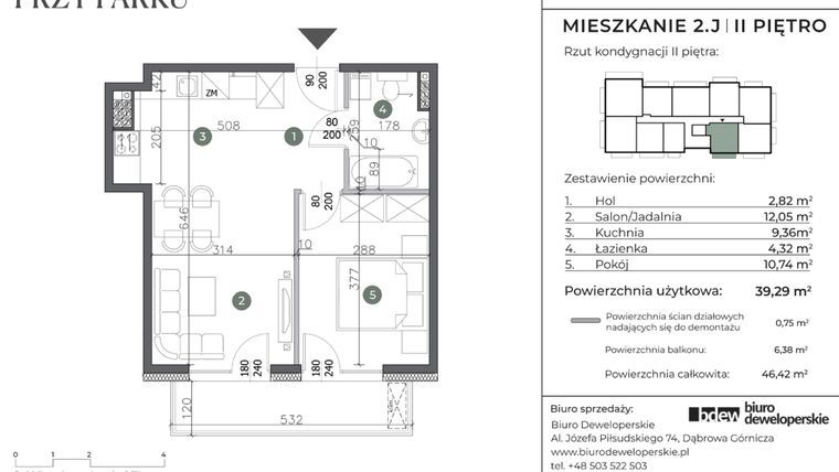 Rzut - Mieszkanie na sprzedaż 2 pokoje o powierzchni 39,29 m² - numer 2.J w Willa przy parku