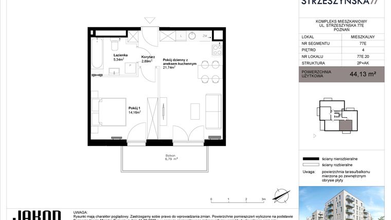 Rzut - Mieszkanie na sprzedaż 2 pokoje o powierzchni 44,13 m² - numer 77E.20 w Strzeszyńska 77