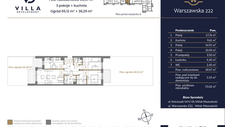 Rzut - Mieszkanie na sprzedaż 3 pokoje o powierzchni 69,47 m² - numer 42A w Warszawska 222