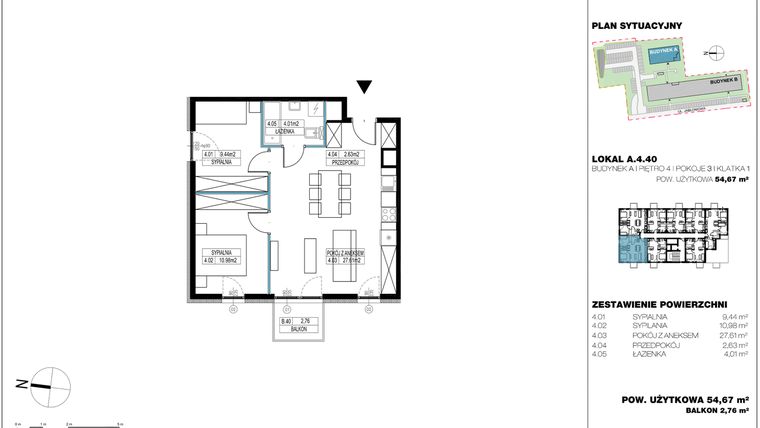 Rzut - Mieszkanie na sprzedaż 3 pokoje o powierzchni 55,08 m² - numer A.4.40 w Jabłonova