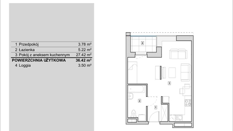Rzut - Mieszkanie na sprzedaż 1 pokój o powierzchni 36,42 m² - numer H1-A-4-3 w Heyki City