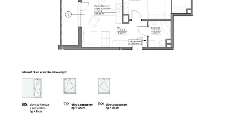 Rzut - Mieszkanie na sprzedaż 2 pokoje o powierzchni 47,22 m² - numer B.1.3.1 w Optima VIII
