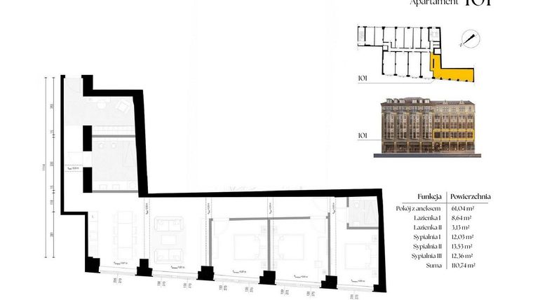 Rzut - Mieszkanie na sprzedaż 4 pokoje o powierzchni 110,74 m² - numer G1/1 – 101 w Krupnicza 6/8