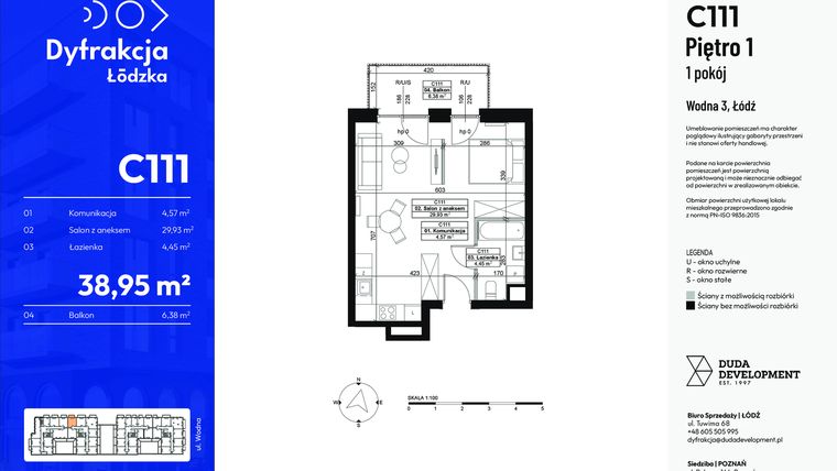 Rzut - Mieszkanie na sprzedaż 1 pokój o powierzchni 38,95 m² - numer C111 w Dyfrakcja Łódzka - bud. CD