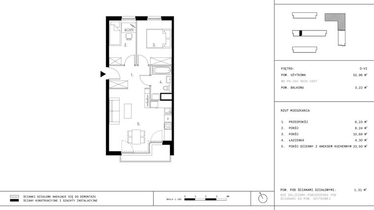 Rzut - Mieszkanie na sprzedaż 3 pokoje o powierzchni 52,96 m² - numer B3 w Wynalazek 3A