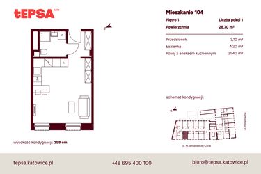 Rzut - Mieszkanie na sprzedaż 1 pokój o powierzchni 28,7 m² - numer M104 w Tepsa Kato