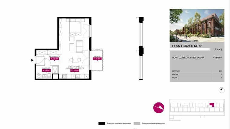 Rzut - Mieszkanie na sprzedaż 1 pokój o powierzchni 44,54 m² - numer G1.91 w Fuzja Mieszkania Loftowe