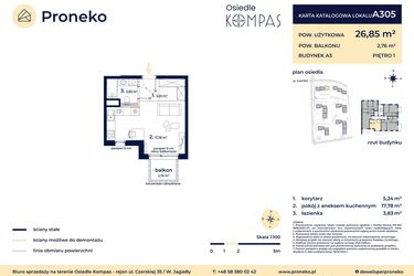 Rzut - Mieszkanie na sprzedaż 1 pokój o powierzchni 26,85 m² - numer A305 w Osiedle Kompas