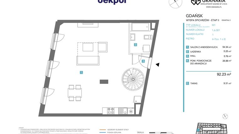 Rzut - Mieszkanie na sprzedaż 1 pokój o powierzchni 92,23 m² - numer 1.6.081.M w Granaria
