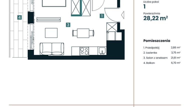Rzut - Mieszkanie na sprzedaż 1 pokój o powierzchni 28,22 m² - numer M107 w Sea Breeze