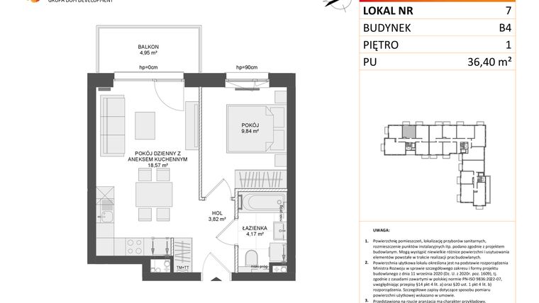 Rzut - Mieszkanie na sprzedaż 2 pokoje o powierzchni 36,4 m² - numer B4.7 w Osiedle Przy Błoniach 3 etap III