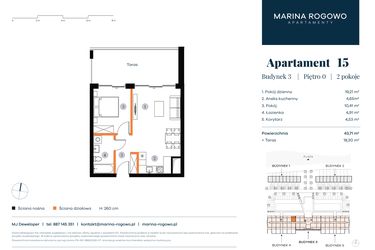 Rzut - Mieszkanie na sprzedaż 2 pokoje o powierzchni 43,71 m² - numer 15 w Apartamenty Marina Rogowo