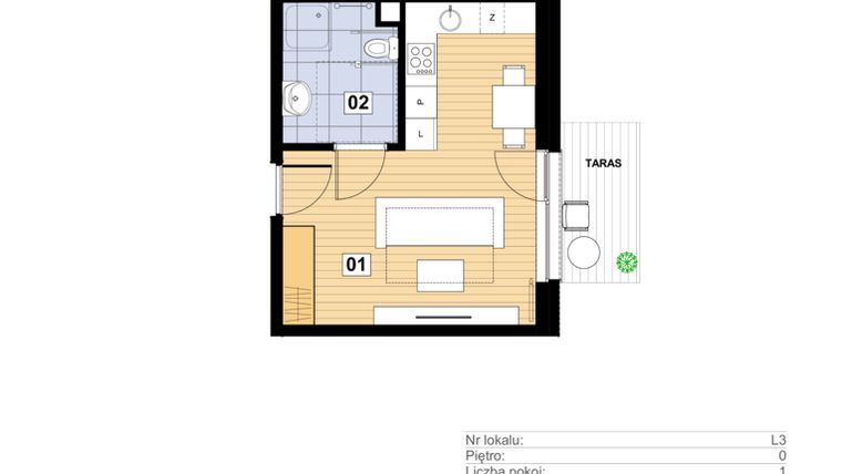 Rzut - Mieszkanie na sprzedaż 1 pokój o powierzchni 27,56 m² - numer L-3 w Mickiewicza 21 Residence