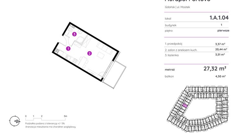 Rzut - Mieszkanie na sprzedaż 1 pokój o powierzchni 27,32 m² - numer 1.A.1.04 w Murapol Portovo etap II