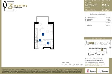 Rzut - Mieszkanie na sprzedaż 1 pokój o powierzchni 27,21 m² - numer M.A16 w 3 Wymiary Bronowice