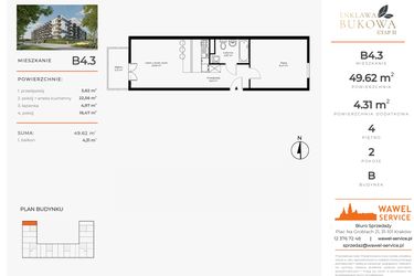 Rzut - Mieszkanie na sprzedaż 2 pokoje o powierzchni 49,62 m² - numer B4.3 w Enklawa Bukowa II