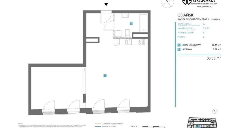 Rzut - Mieszkanie na sprzedaż 1 pokój o powierzchni 66,33 m² - numer 5.2.211 w Granaria