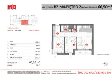 Rzut - Mieszkanie na sprzedaż 3 pokoje o powierzchni 66,5 m² - numer B2-M4 w Tabelowa NOVA