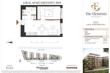 Rzut - Mieszkanie na sprzedaż 2 pokoje o powierzchni 36,43 m² - numer B3109 w The Elements Resort