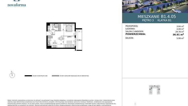 Rzut - Mieszkanie na sprzedaż 1 pokój o powierzchni 36,91 m² - numer B1.4.05 w Novaforma II