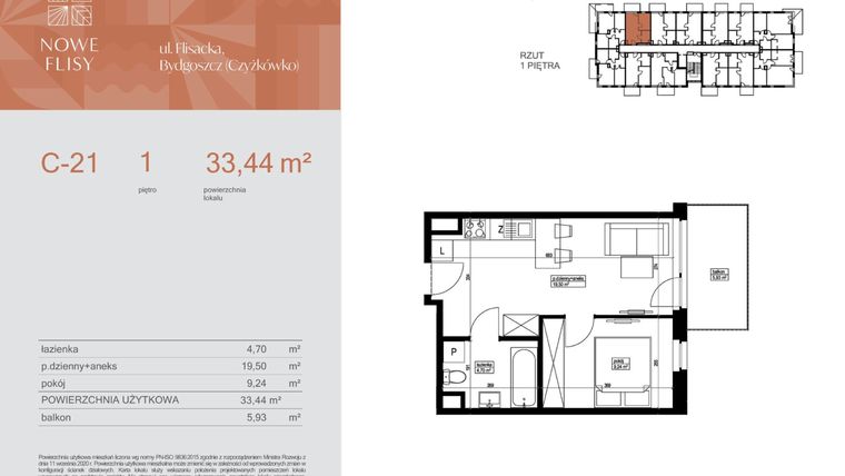 Rzut - Mieszkanie na sprzedaż 2 pokoje o powierzchni 33,44 m² - numer M21_NF.c w Nowe Flisy II