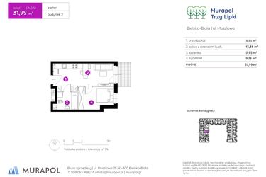 Rzut - Mieszkanie na sprzedaż 2 pokoje o powierzchni 31,99 m² - numer 2.A.0.12 w Murapol Trzy Lipki etap II