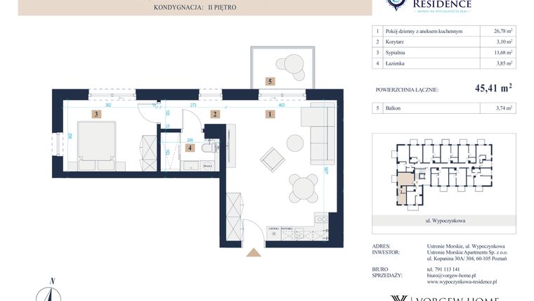 Rzut - Mieszkanie na sprzedaż 2 pokoje o powierzchni 45,58 m² - numer 30 w Wypoczynkowa Residence