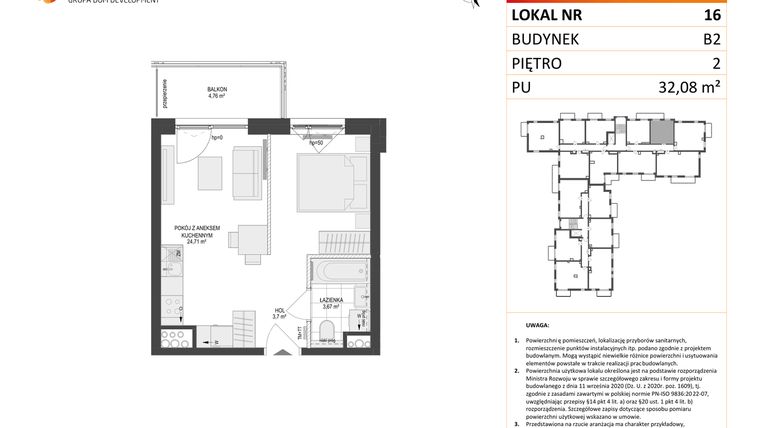 Rzut - Mieszkanie na sprzedaż 1 pokój o powierzchni 32,08 m² - numer 16 w Locus 2 bud. B2