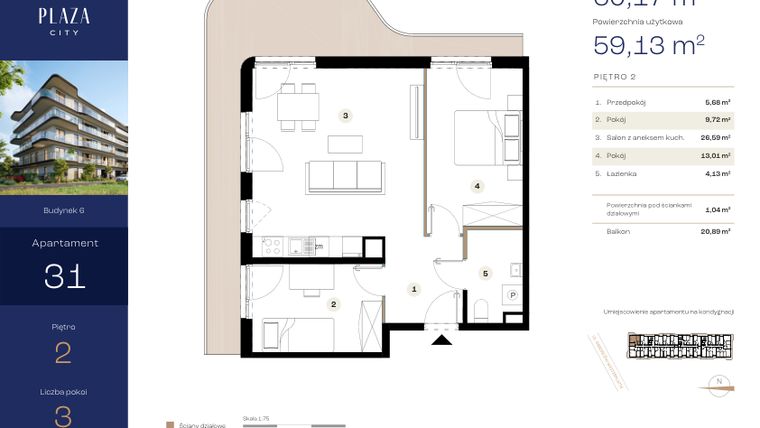 Rzut - Mieszkanie na sprzedaż 3 pokoje o powierzchni 60,17 m² - numer B6M31 w Plaza City