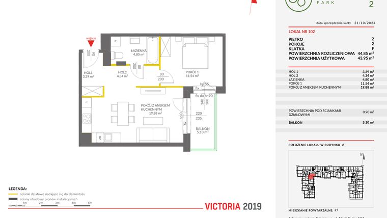 Rzut - Mieszkanie na sprzedaż 2 pokoje o powierzchni 44,85 m² - numer A.102 w Olchowy Park II