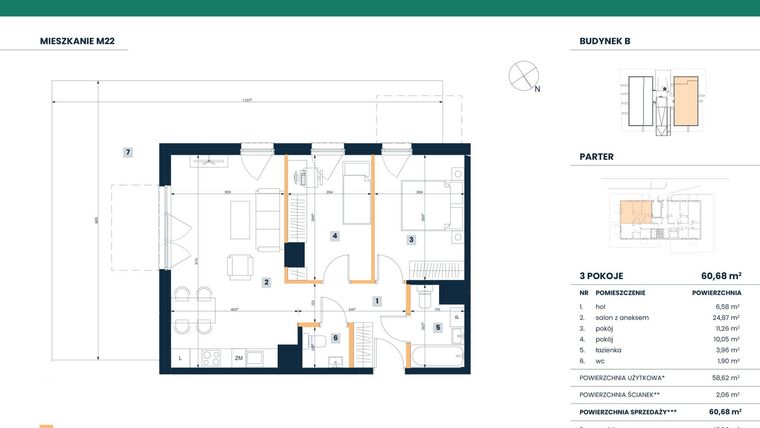 Rzut - Mieszkanie na sprzedaż 3 pokoje o powierzchni 58,62 m² - numer M22 w Reneta