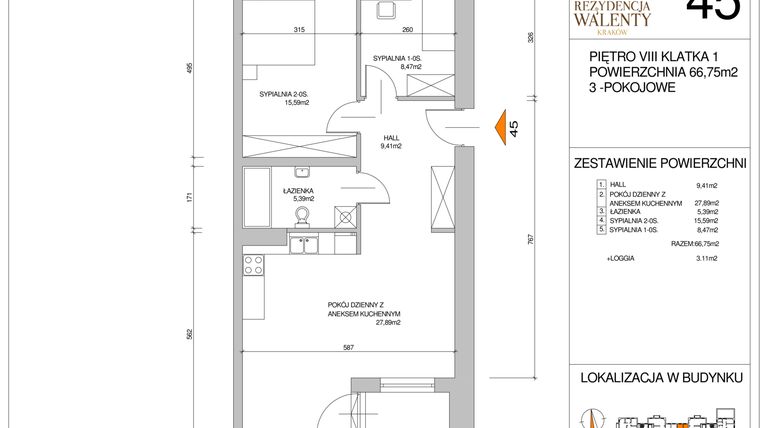 Rzut - Mieszkanie na sprzedaż 3 pokoje o powierzchni 66,15 m² - numer 45 w Rezydencja Walenty