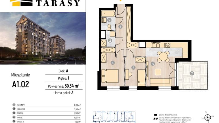 Rzut - Mieszkanie na sprzedaż 3 pokoje o powierzchni 59,2 m² - numer A1.02 w Słoneczne Tarasy