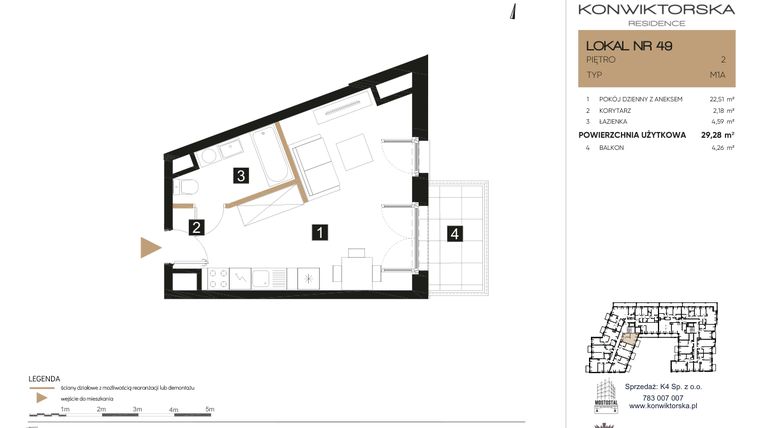 Rzut - Mieszkanie na sprzedaż 1 pokój o powierzchni 29,28 m² - numer 49 w Konwiktorska Residence