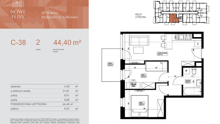 Rzut - Mieszkanie na sprzedaż 3 pokoje o powierzchni 44,4 m² - numer M38_NF.c w Nowe Flisy II